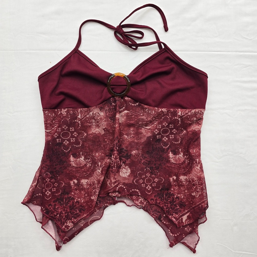 Y2K Fairy Whimsygoth Burgundy Halter Top Mesh Handkerchief Hem Ring Detail Large